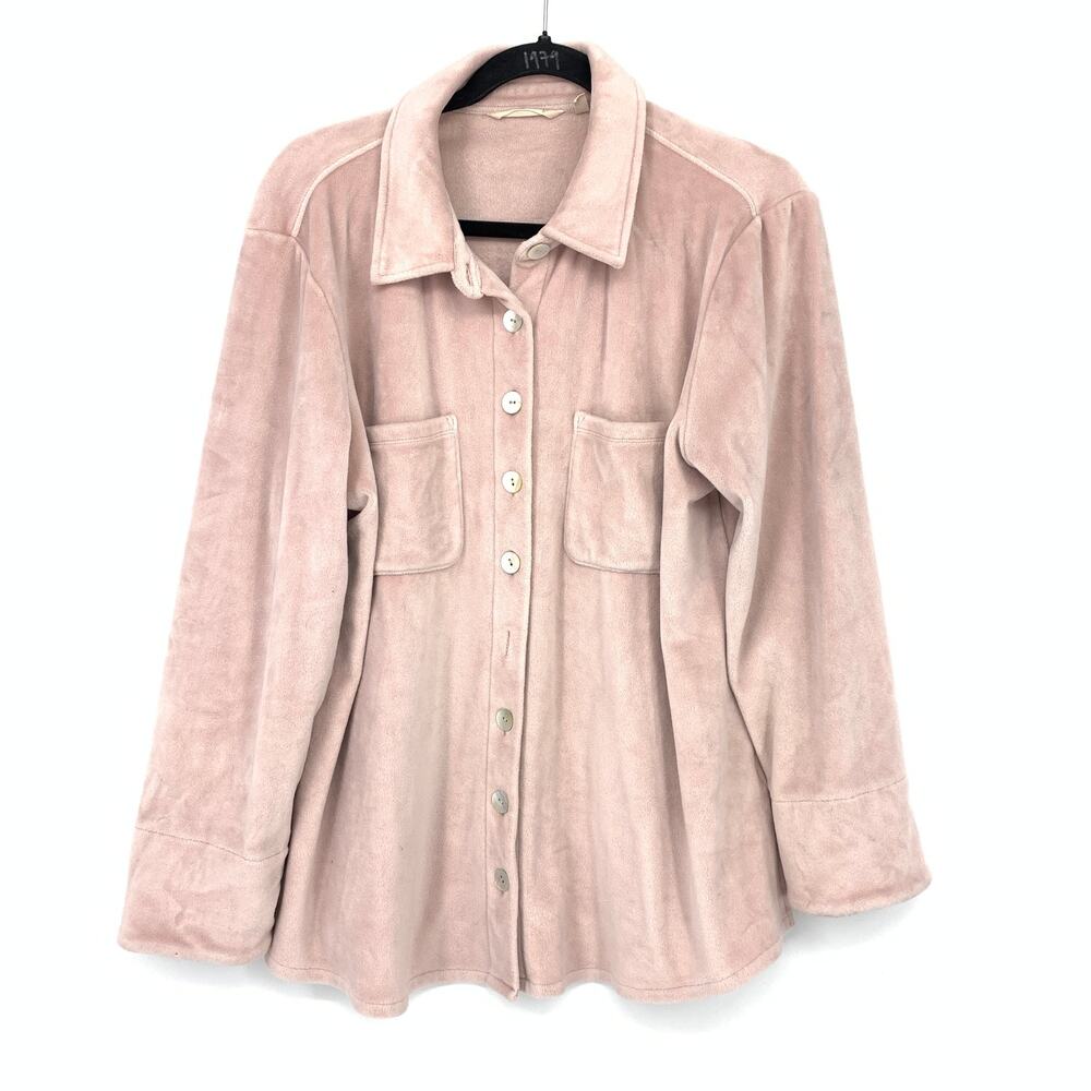 Soft Surroundings PL Light Pink Velour Button Front Shirt Jacket Shacket *FLAW